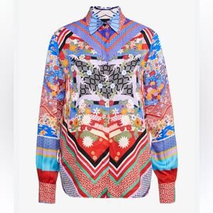 Pinko Casper Button Down Blouse size 2 Red Blue Print Long Sleeve